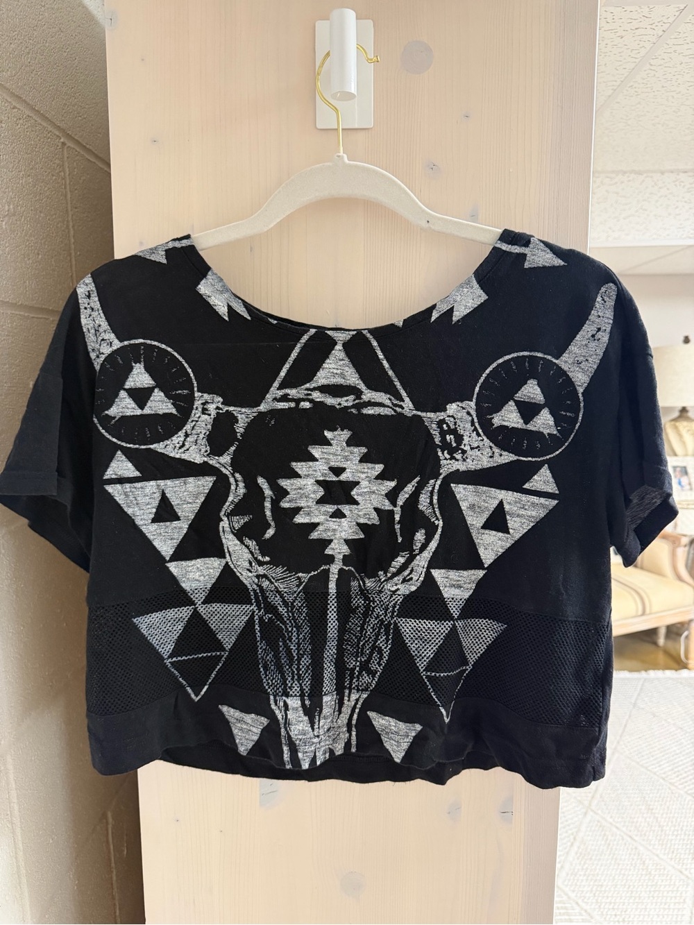 Express Black Graphic Tribal Skull Crop Top